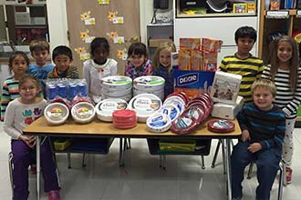 Kids sitting around table with donated items